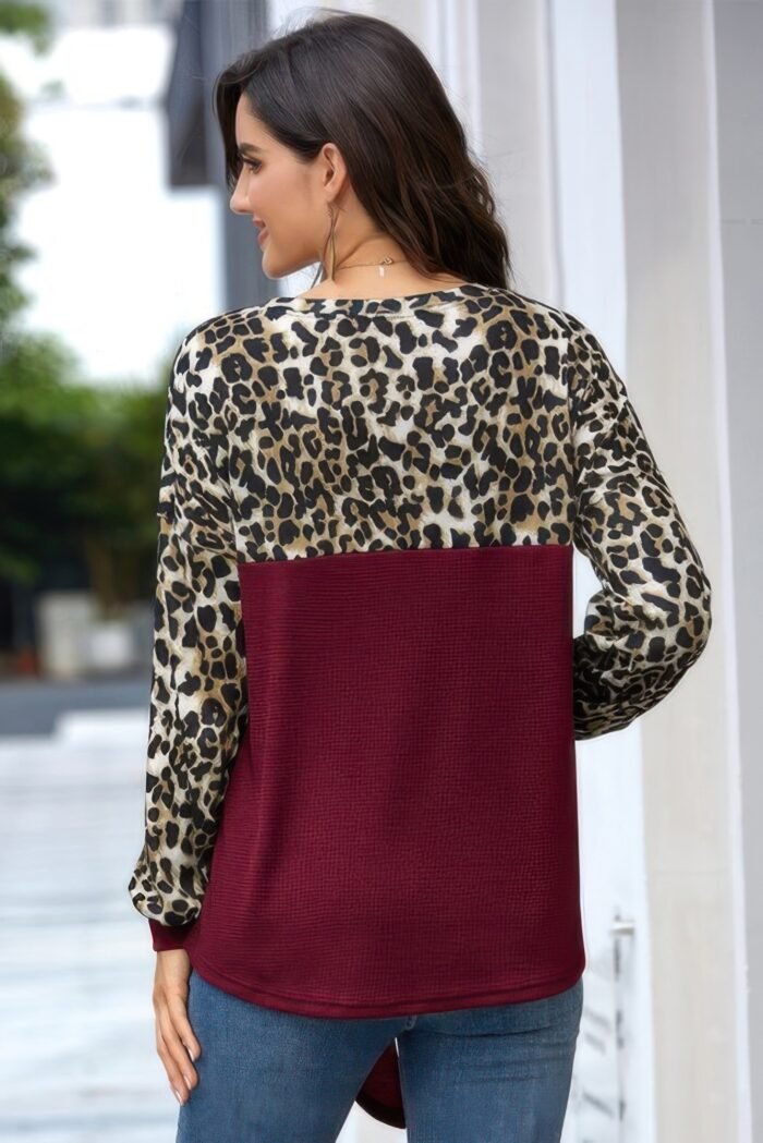 Leopard Stitching Bow Knit Crew Neck Loose Pullover - Image 6
