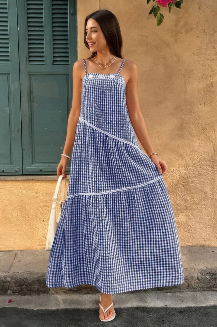 Suspenders Plaid Color Block A Line Dress - Image 3