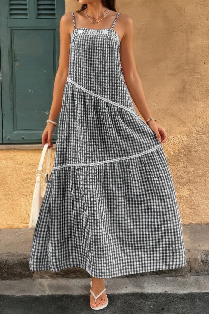 Suspenders Plaid Color Block A Line Dress - Image 5