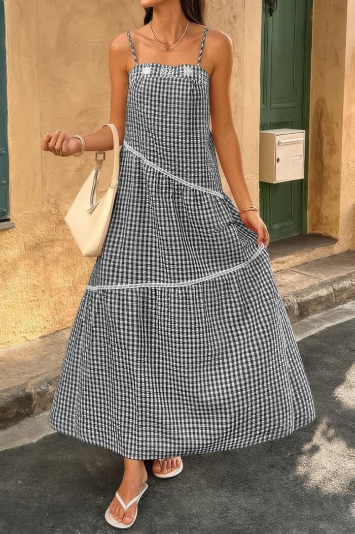 Suspenders Plaid Color Block A Line Dress - Image 6