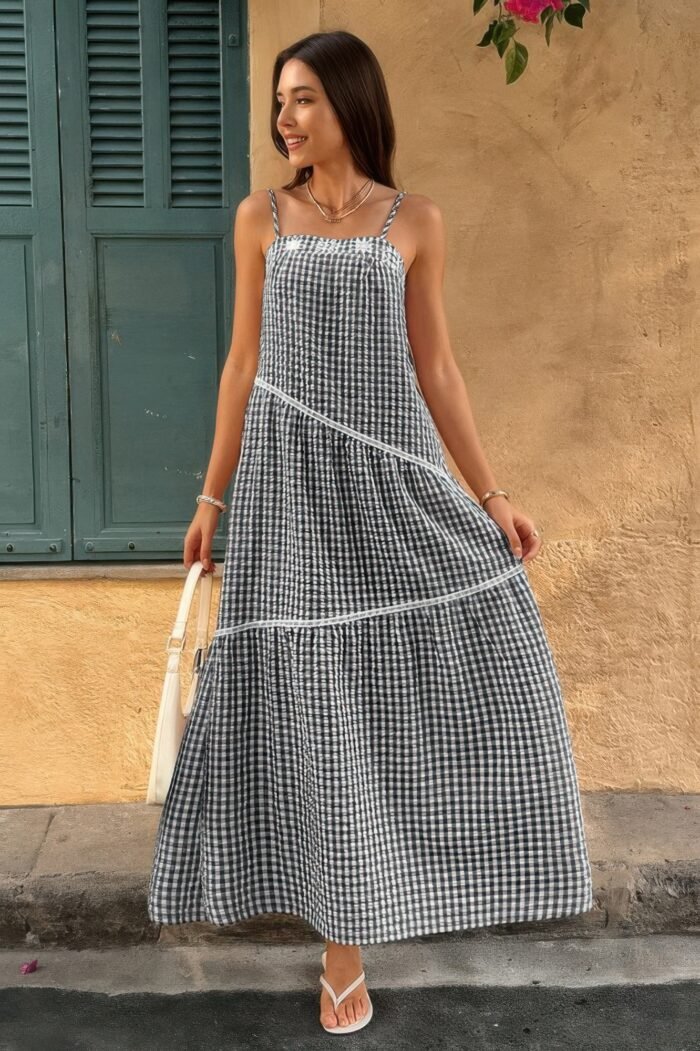 Suspenders Plaid Color Block A Line Dress - Image 7