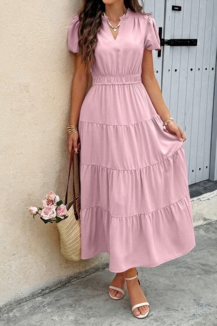 Solid V Neck Color Block Elastic Waist Dress - Image 1
