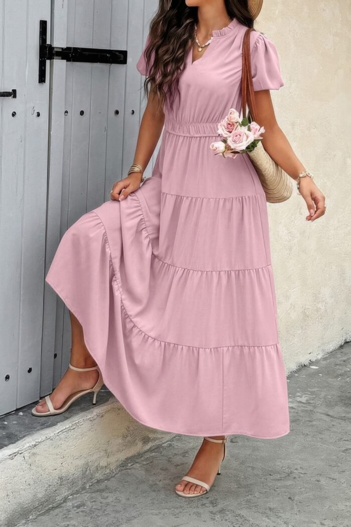 Solid V Neck Color Block Elastic Waist Dress - Image 2