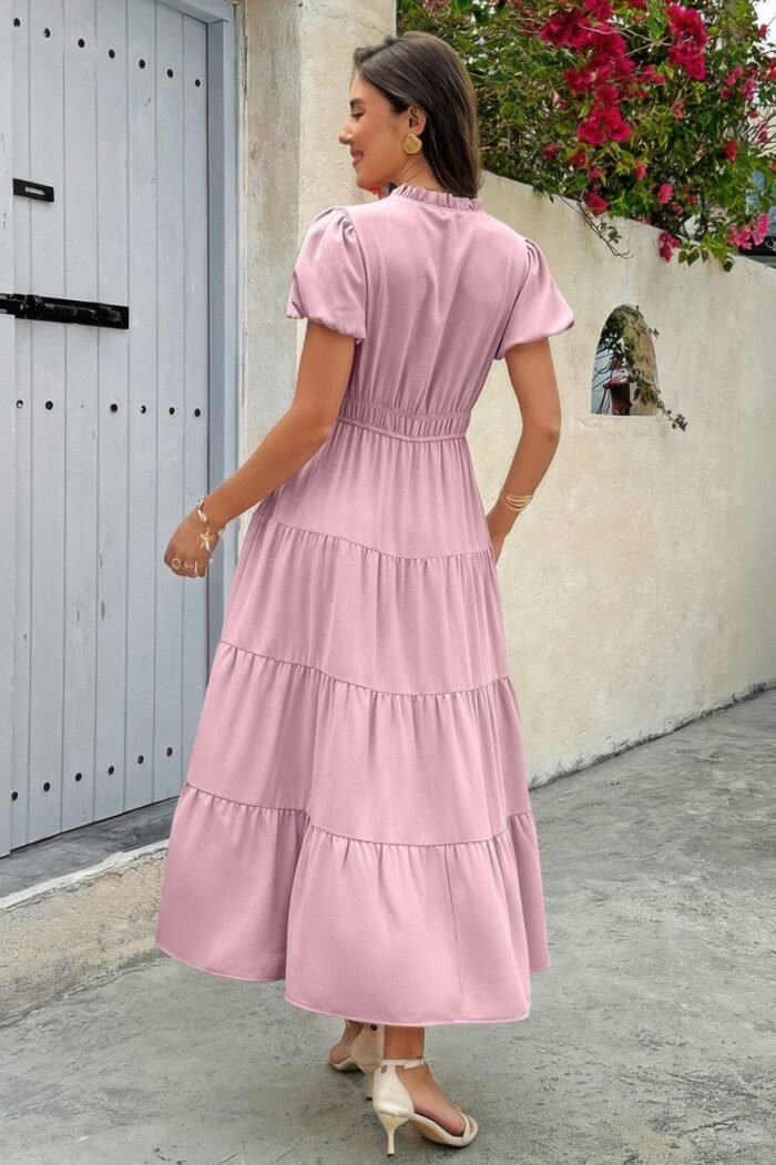 Solid V Neck Color Block Elastic Waist Dress - Image 3