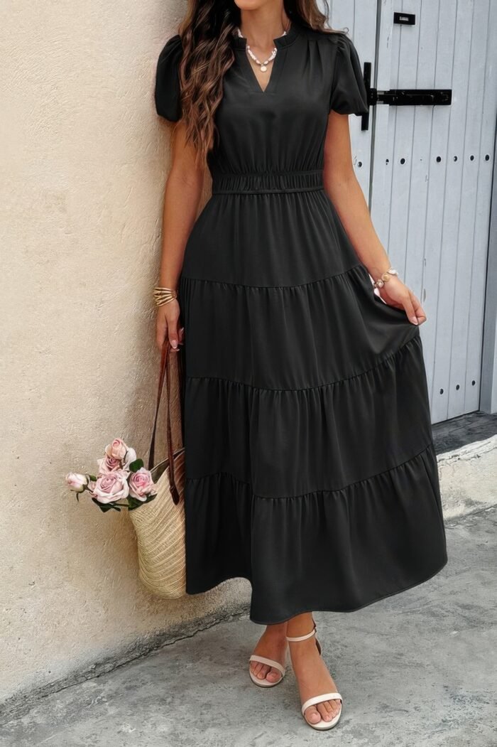 Solid V Neck Color Block Elastic Waist Dress - Image 4