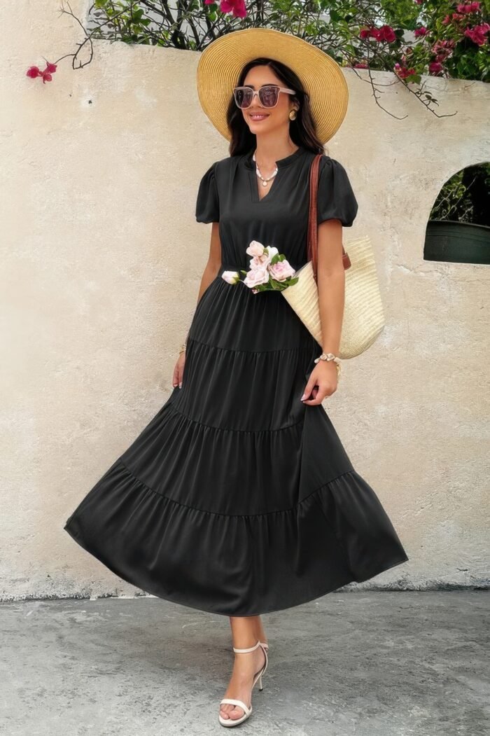 Solid V Neck Color Block Elastic Waist Dress - Image 5
