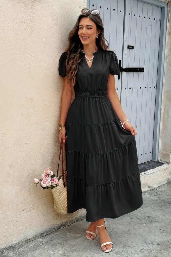 Solid V Neck Color Block Elastic Waist Dress - Image 6