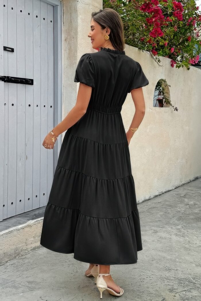 Solid V Neck Color Block Elastic Waist Dress - Image 7