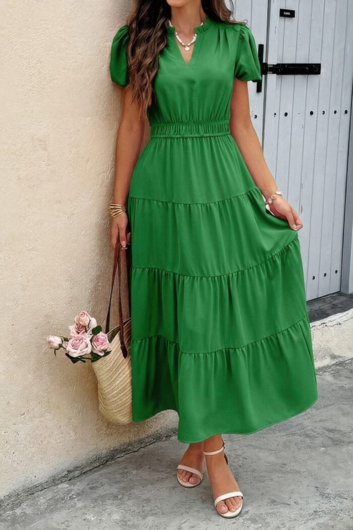 Solid V Neck Color Block Elastic Waist Dress - Image 8