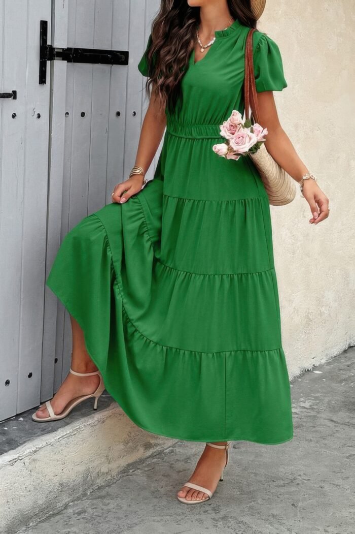 Solid V Neck Color Block Elastic Waist Dress - Image 9