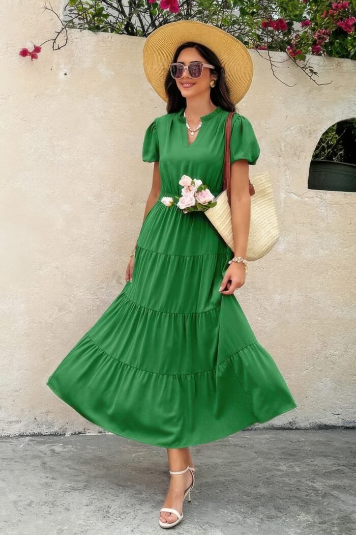Solid V Neck Color Block Elastic Waist Dress - Image 10