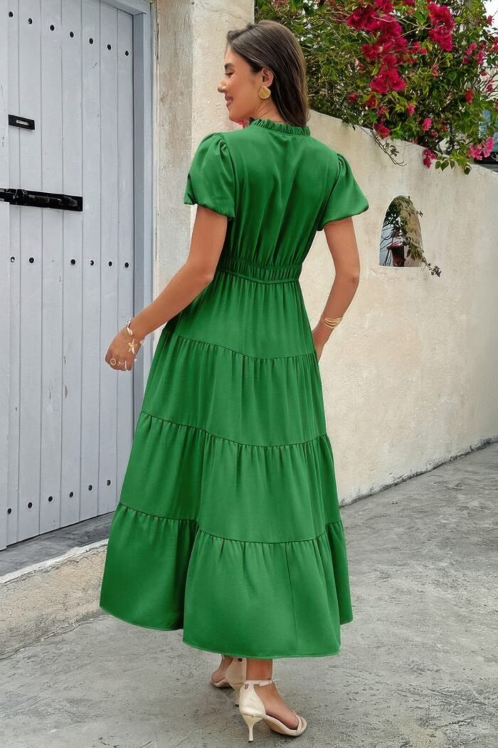 Solid V Neck Color Block Elastic Waist Dress - Image 11