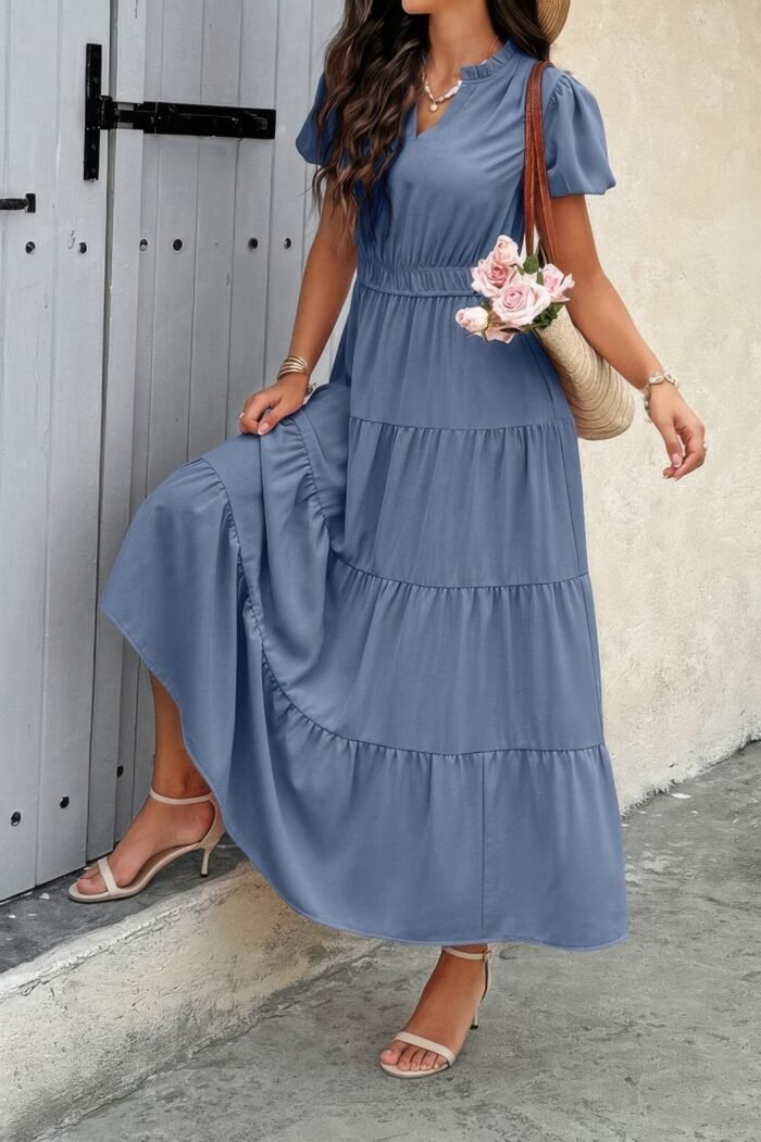 Solid V Neck Color Block Elastic Waist Dress - Image 12