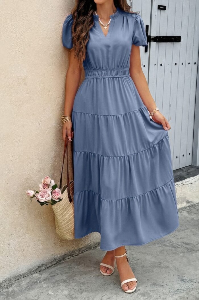 Solid V Neck Color Block Elastic Waist Dress - Image 13