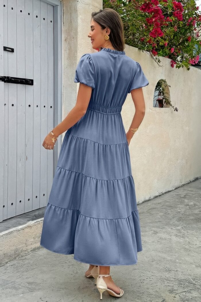 Solid V Neck Color Block Elastic Waist Dress - Image 14