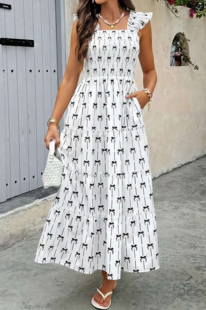 Square Neck Print Pocket Fit Sleeveless Dress - Image 1