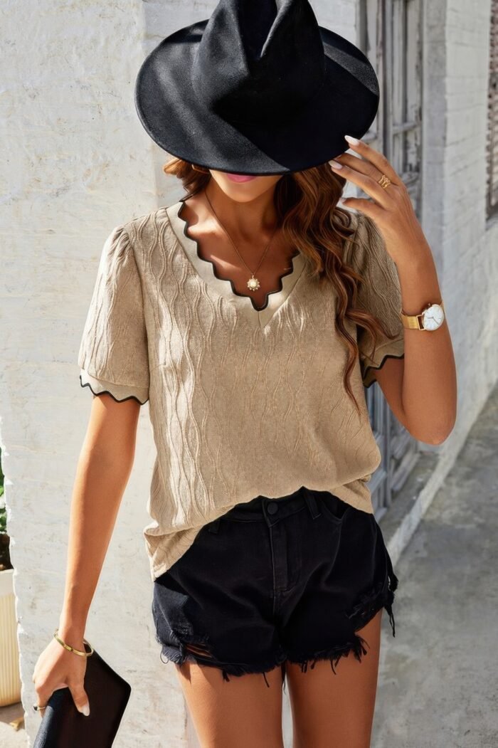 Knit Loose Fit V Neck Solid Drop Shoulder Top - Image 4