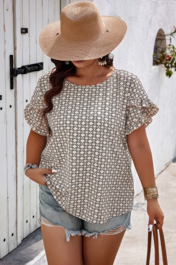 Round Neck Allover Print Ruffle Sleeves Loose Top - Image 1