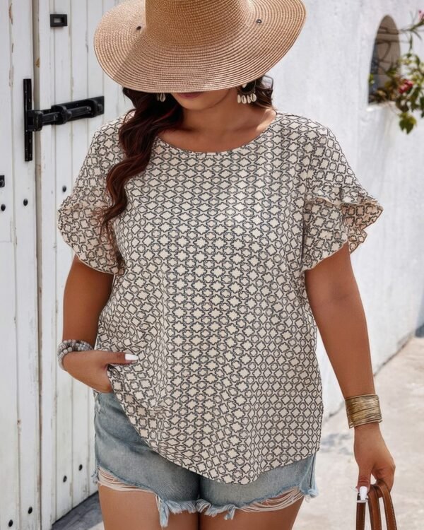 Round Neck Allover Print Ruffle Sleeves Loose Top