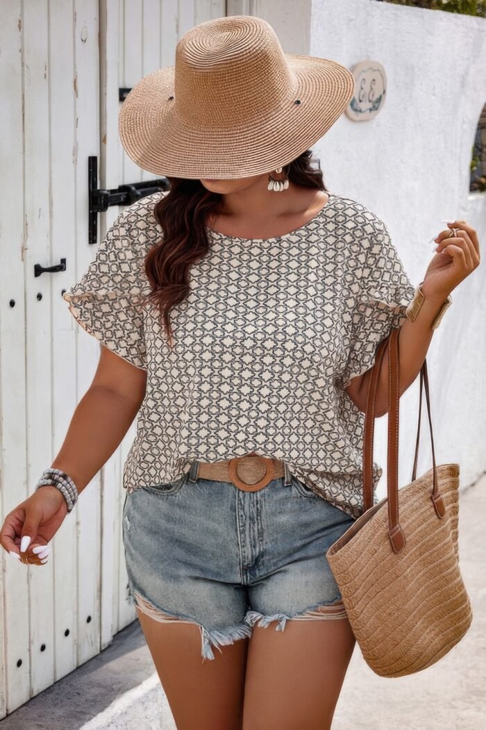 Round Neck Allover Print Ruffle Sleeves Loose Top - Image 2