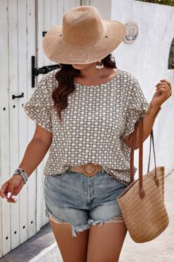 Round Neck Allover Print Ruffle Sleeves Loose Top
