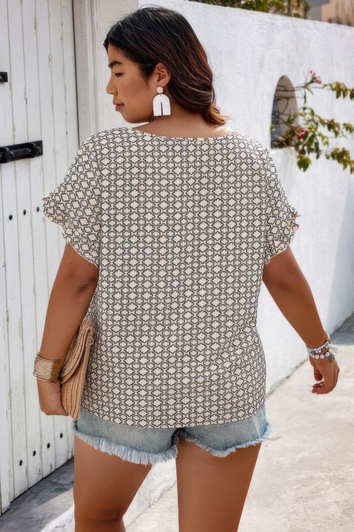 Round Neck Allover Print Ruffle Sleeves Loose Top - Image 4