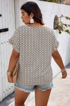 Round Neck Allover Print Ruffle Sleeves Loose Top
