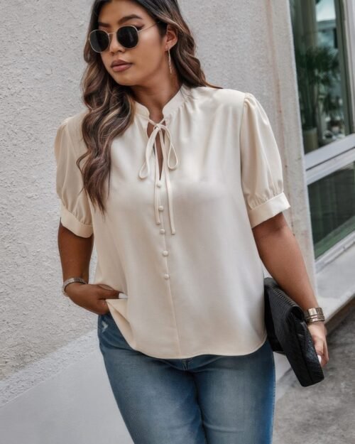 plus size cross neck puff sleeves solid button top