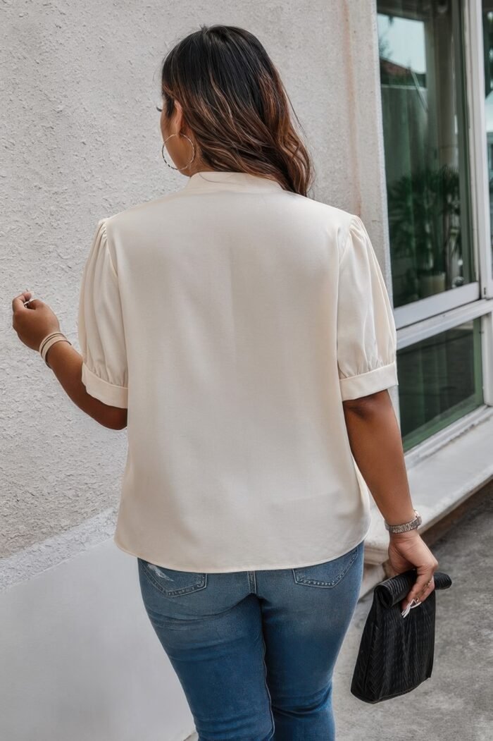 Plus Size Cross Neck Puff Sleeves Solid Button Top - Image 4