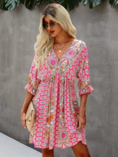 V Neck Half Sleeve Graphic Swing Dress