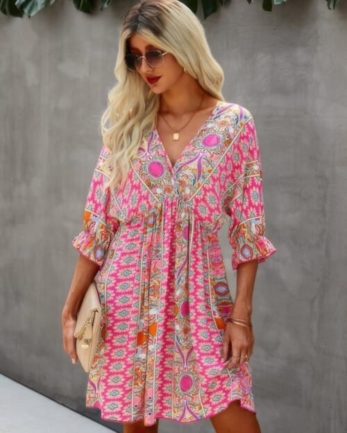 V Neck Half Sleeve Graphic Swing Dress