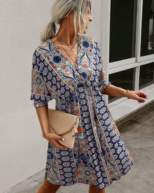 v neck half sleeve graphic swing dress