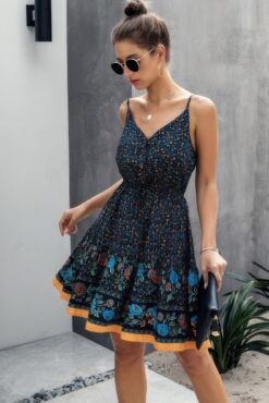 V Neck Floral Printed Mini Dress