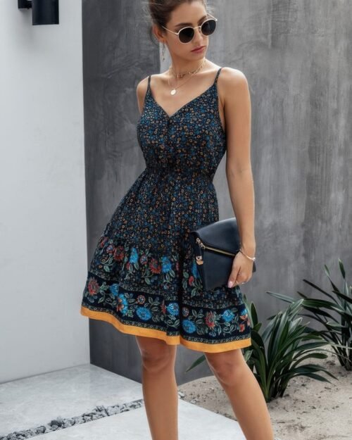 v neck floral printed mini dress