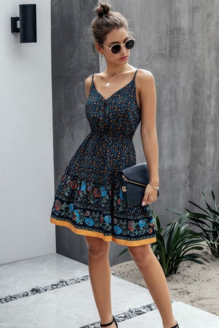 V Neck Floral Printed Mini Dress - Image 3