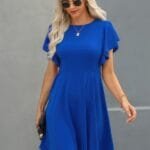 Crew Neck Ruffled Short Sleeve Solid Dress