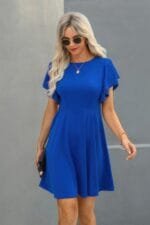 Crew Neck Ruffled Short Sleeve Solid Dress