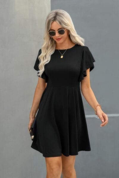 Crew Neck Ruffled Short Sleeve Solid Dress Crew Neck Ruffled Short Sleeve Solid Dress
