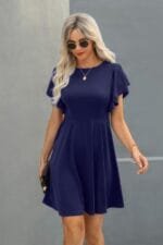 Crew Neck Ruffled Short Sleeve Solid Dress