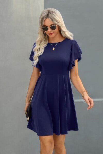 Crew Neck Ruffled Short Sleeve Solid Dress Crew Neck Ruffled Short Sleeve Solid Dress