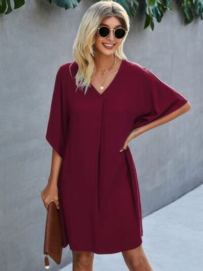 V Neck Solid Short Sleeve Dress