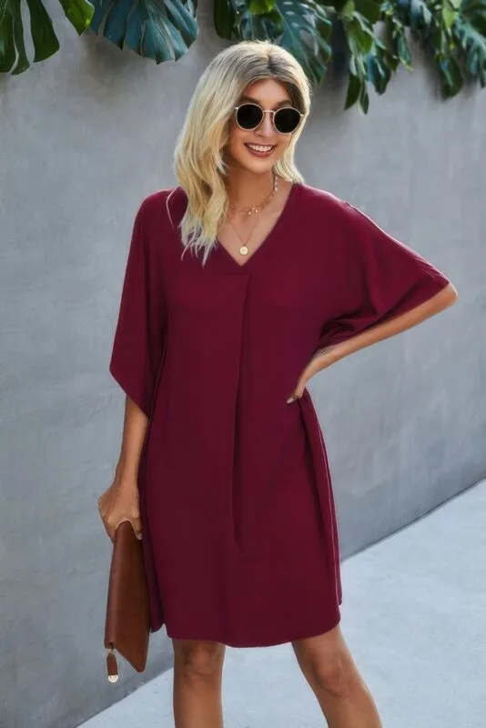 V Neck Solid Short Sleeve Dress