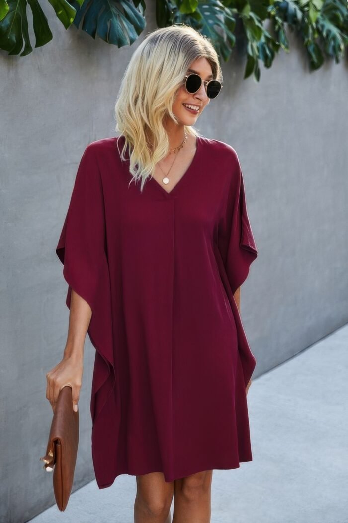 V Neck Solid Short Sleeve Dress - Image 2