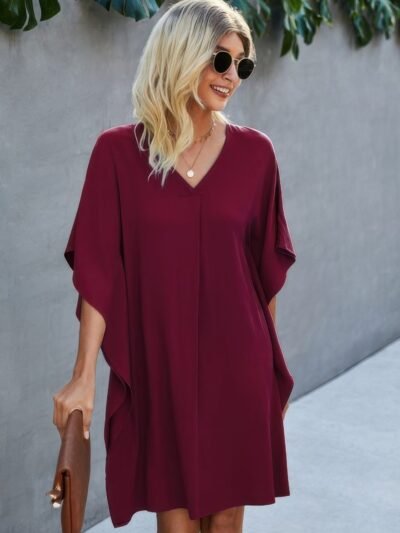 V Neck Solid Short Sleeve Dress V Neck Solid Short Sleeve Dress