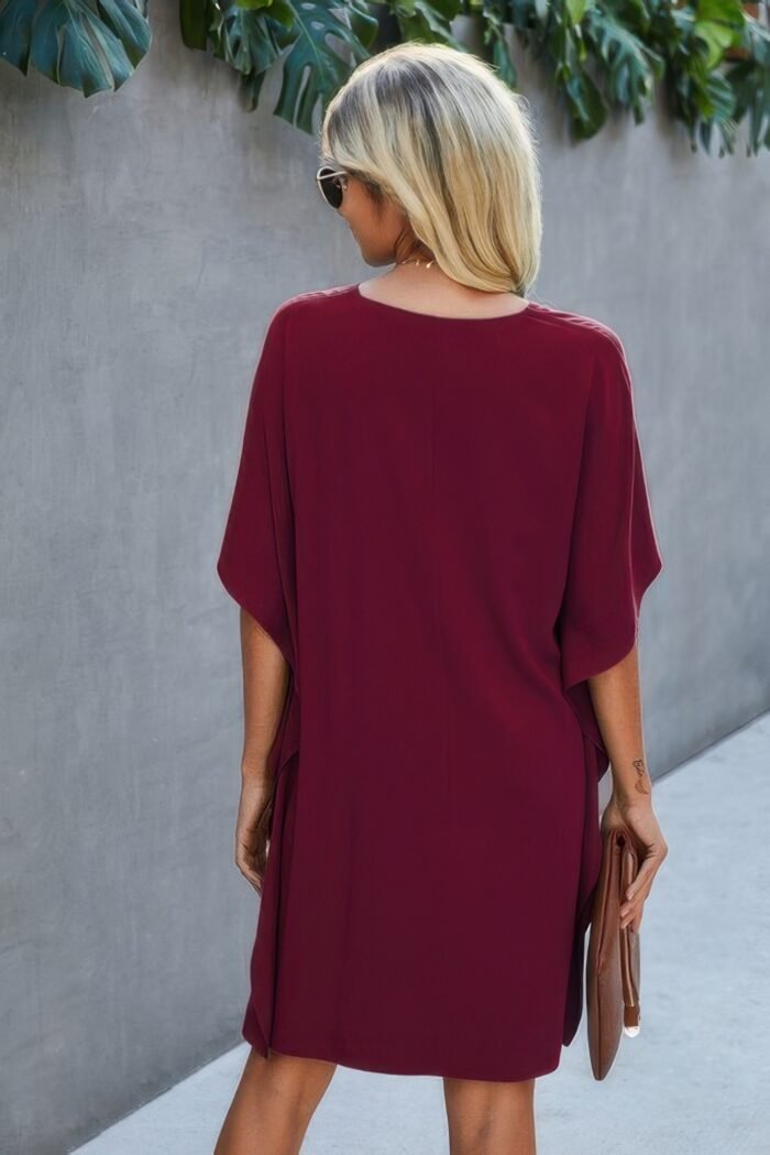 V Neck Solid Short Sleeve Dress - Image 3