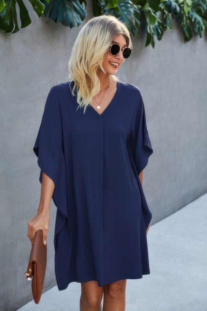 V Neck Solid Short Sleeve Dress - Image 4