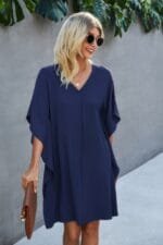 V Neck Solid Short Sleeve Dress