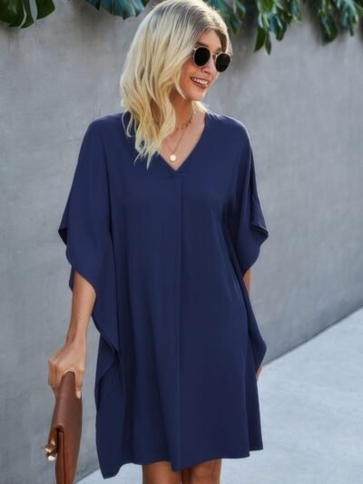 V Neck Solid Short Sleeve Dress V Neck Solid Short Sleeve Dress