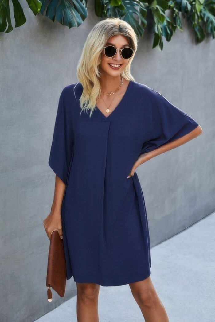 V Neck Solid Short Sleeve Dress - Image 6