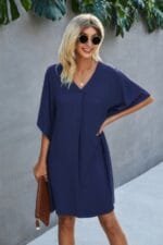 V Neck Solid Short Sleeve Dress